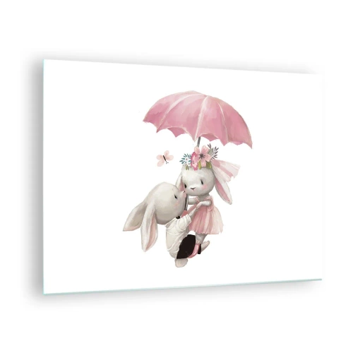 Obraz na skle - Dva králíci pod růžovým deštníkem v romantické scéně - 70x50cm - To je láska - Moderní nástěnná dekorace do obývacího pokoje a ložnice ARTTOR