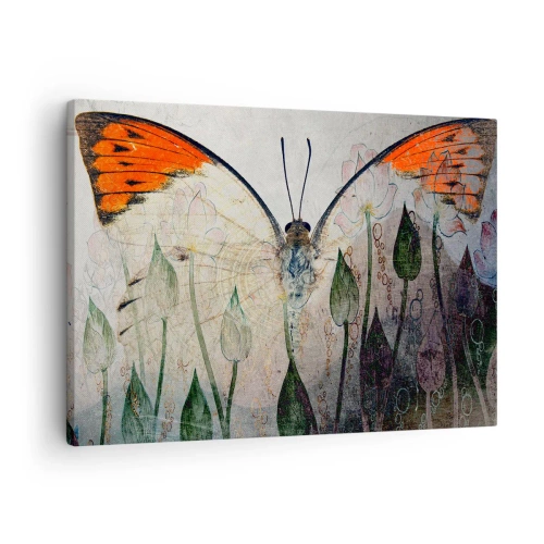Obraz na plátně - Motýl s oranžovými křídly na pozadí stylizovaných květin. - 70x50cm - „Kde se motýl houpá na trávě“ - Moderní nástěnná dekorace do obývacího pokoje a ložnice ARTTOR