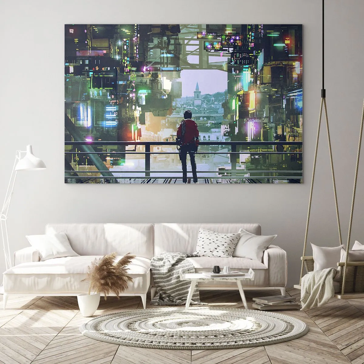 Obraz na skle - Postava na pozadí futuristického města s výhledem na staré město - 70x50cm - Dva světy - Moderní nástěnná dekorace do obývacího pokoje a ložnice ARTTOR