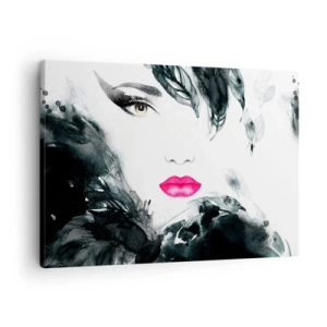 Obraz na plátně - Umělecký portrét ženy s intenzivně růžovými rty - 70x50cm - Pozor! Femme fatale - Moderní nástěnná dekorace do obývacího pokoje a ložnice ARTTOR