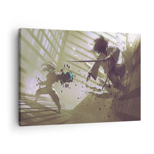 Obraz na plátně - Dynamický souboj mezi dvěma postavami ve futuristickém stylu - 70x50cm - I ty můžeš být samurajem - Moderní nástěnná dekorace do obývacího pokoje a ložnice ARTTOR