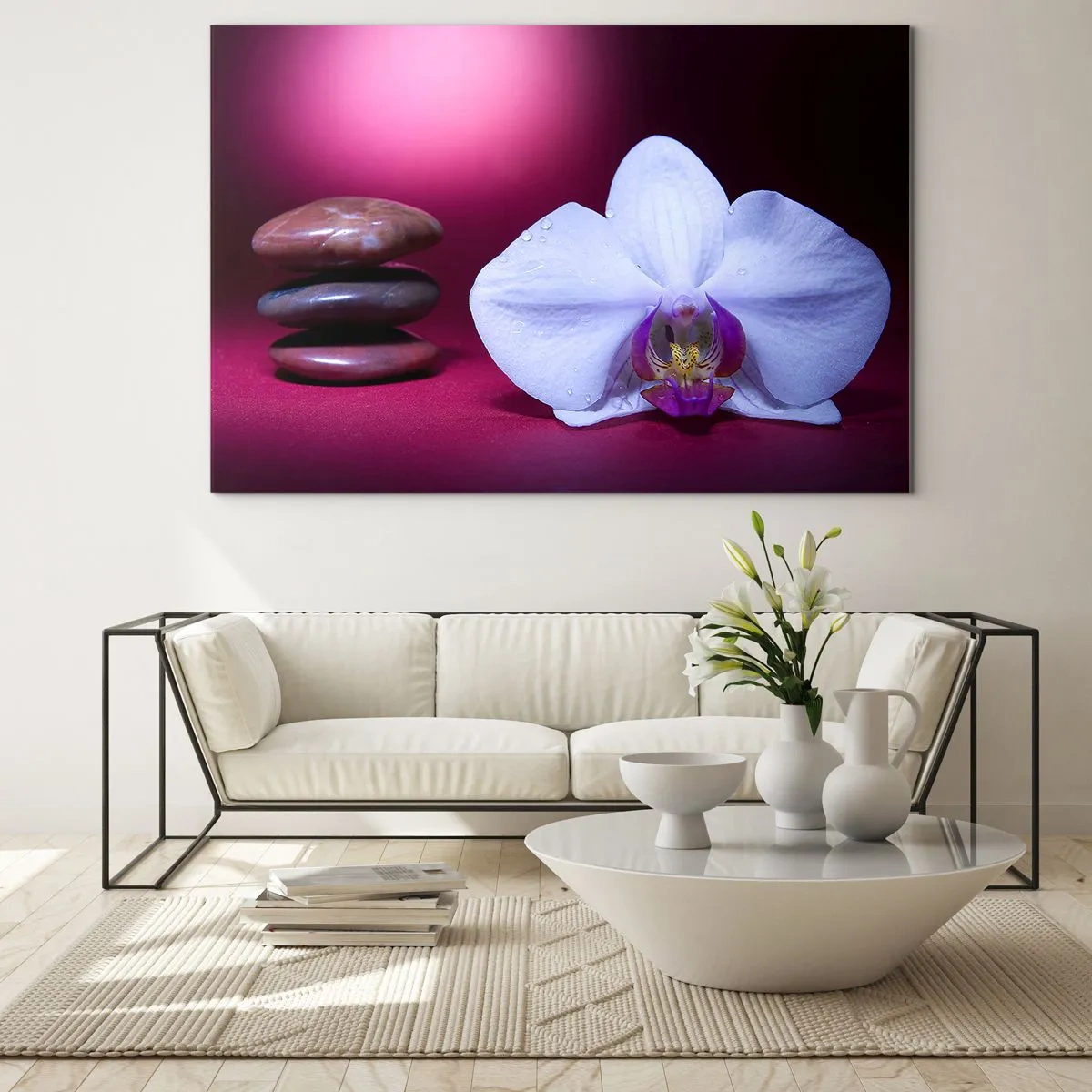 Obraz na skle - Bílá orchidej a kameny na pozadí fialového světla - 70x50cm - Studie svěžesti ve fialové - Moderní nástěnná dekorace do obývacího pokoje a ložnice ARTTOR