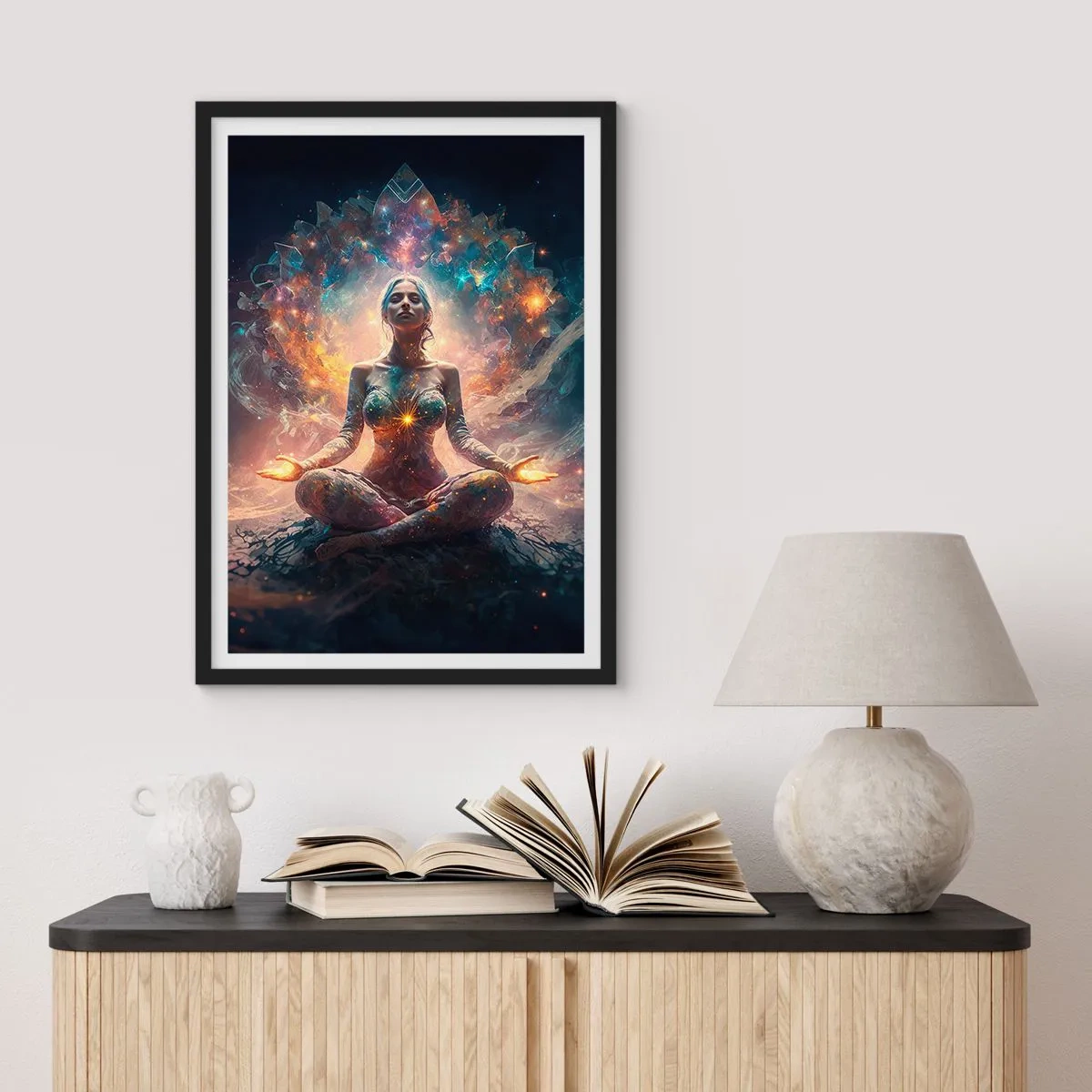 Plakát v černém rámu - Mystická meditace obklopená kosmickou energií - 50x70cm - Proudění dobré energie - Moderní nástěnná dekorace do obývacího pokoje a ložnice ARTTOR