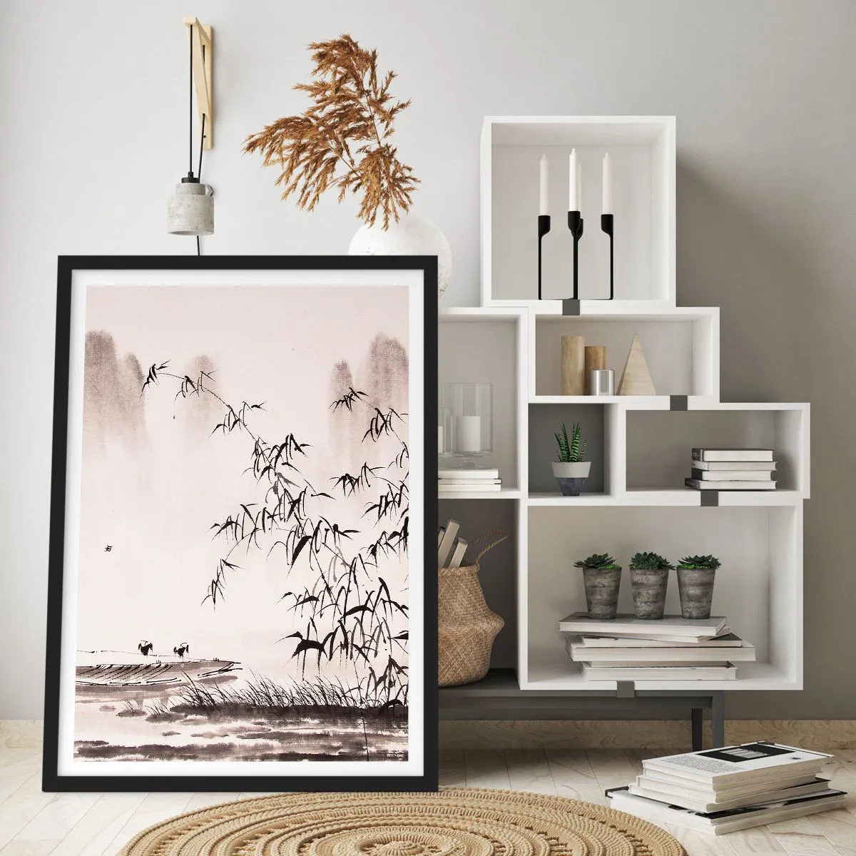 Plakát v černém rámu - Minimalistická krajina s bambusem v orientálním stylu. - 50x70cm - Klid rýžových polí - Moderní nástěnná dekorace do obývacího pokoje a ložnice ARTTOR