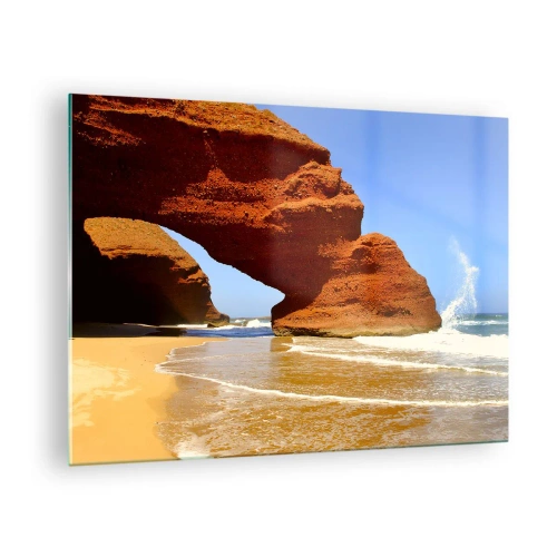 Obraz na skle - Červená skála se klene nad pláží a oceánem - 70x50cm - Voda a vítr po tisíce let - Moderní nástěnná dekorace do obývacího pokoje a ložnice ARTTOR