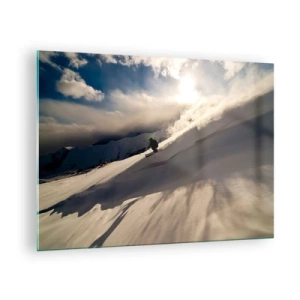 Obraz na skle - Lyžař klouzání po svahu ve světle zimního slunce - 70x50cm - Přijatá výzva hor - Moderní nástěnná dekorace do obývacího pokoje a ložnice ARTTOR