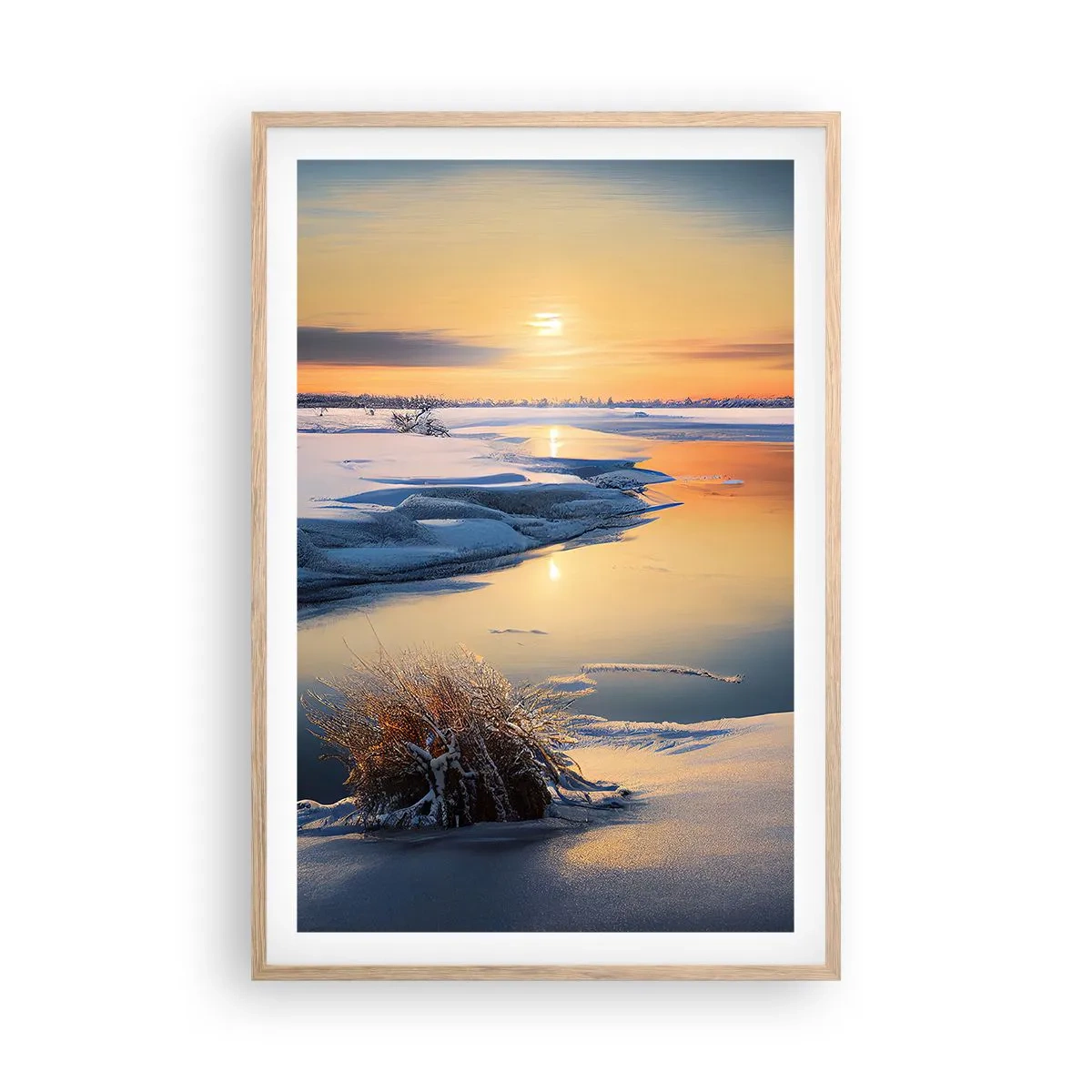 Plakát v rámu světlý dub - Zimní západ slunce - 61x91 cm