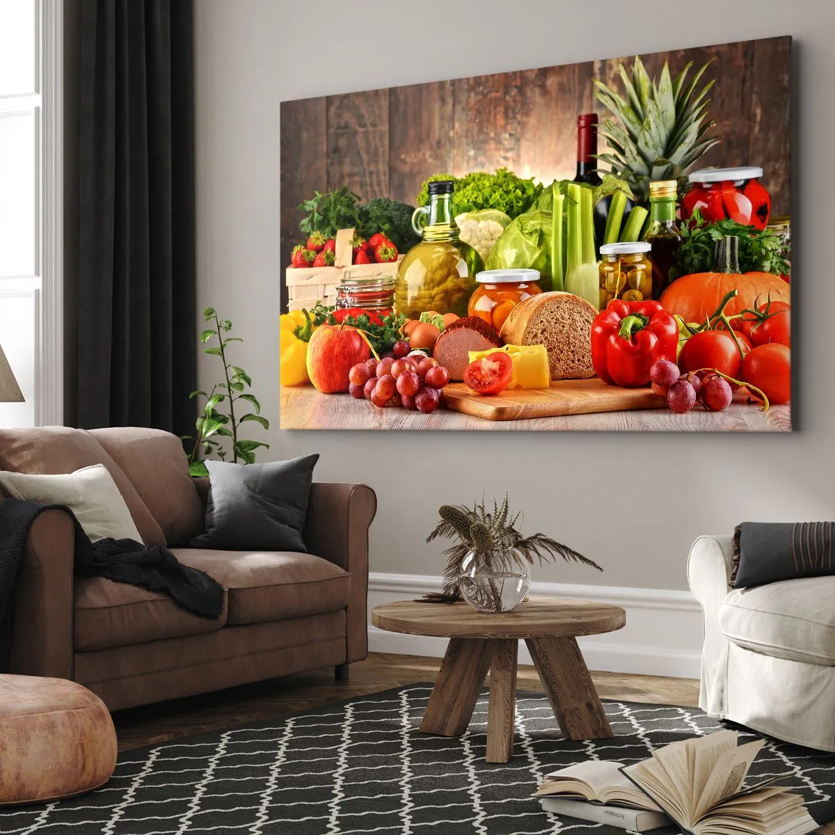 Obraz na plátně - Barevné ovoce, zelenina a potravinářské výrobky - 70x50cm - Uzené, pečené, marinované - Moderní nástěnná dekorace do obývacího pokoje a ložnice ARTTOR