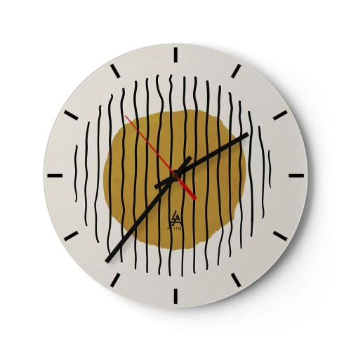 Nástěnné hodiny - Žlutooranžový kruh obklopený černými vlnovkami - 30x30cm - Abstrakce chvějící se žárem - Moderní nástěnná dekorace do obývacího pokoje, kuchyně a ložnice ARTTOR