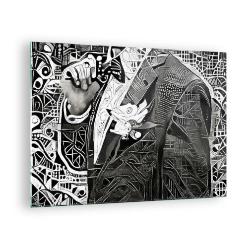 Obraz na skle - Černobílá abstrakce s geometrickými vzory - 70x50cm - Pouze zdánlivě šedý člověk - Moderní nástěnná dekorace do obývacího pokoje a ložnice ARTTOR