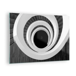 Obraz na skle - Černobílé točité schodiště shora - 70x50cm - K podstatě věcí - Moderní nástěnná dekorace do obývacího pokoje a ložnice ARTTOR
