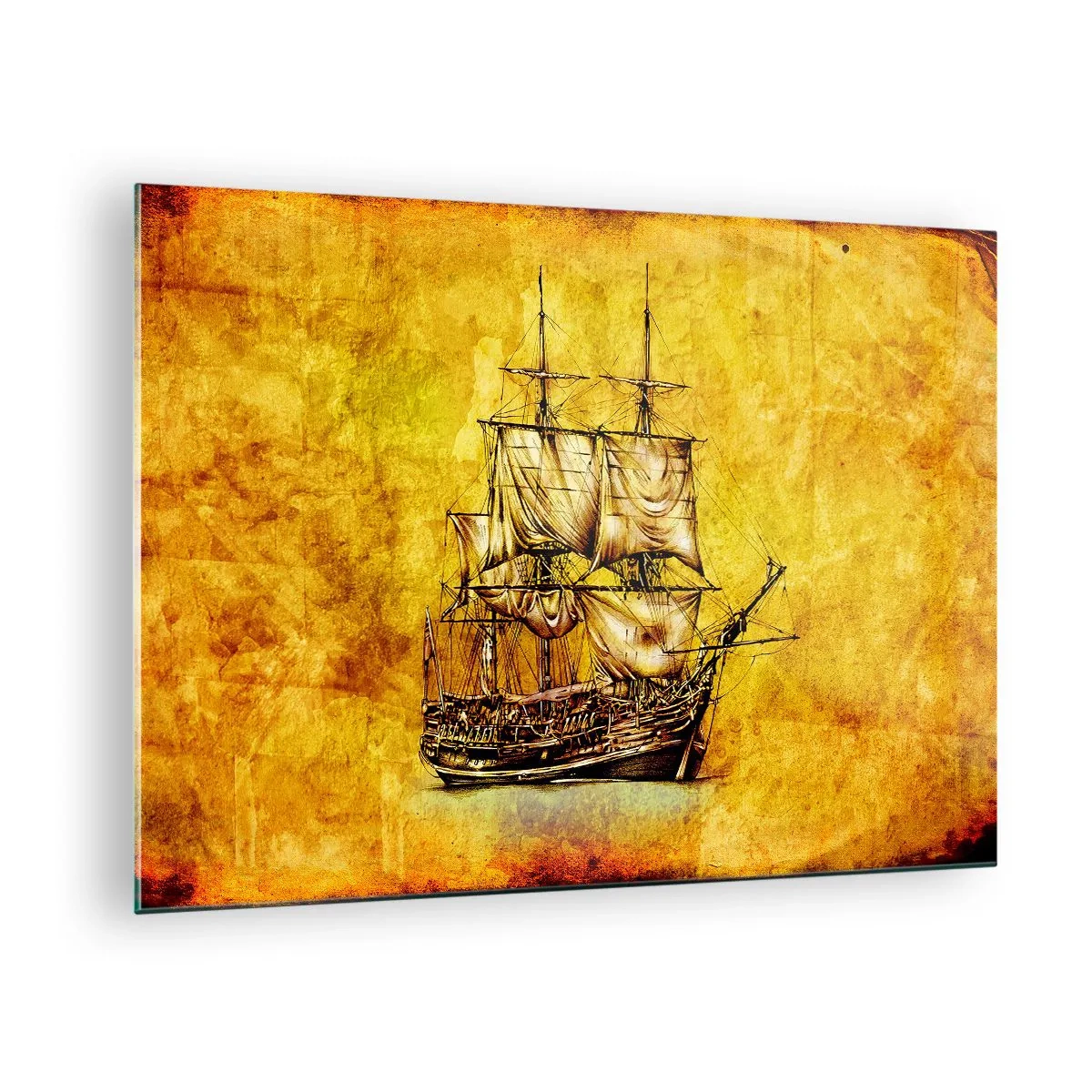 Obraz na skle - Historická plachetnice na pozadí stylizovaného pergamenu - 70x50cm - Směr Tortuga! - Moderní nástěnná dekorace do obývacího pokoje a ložnice ARTTOR