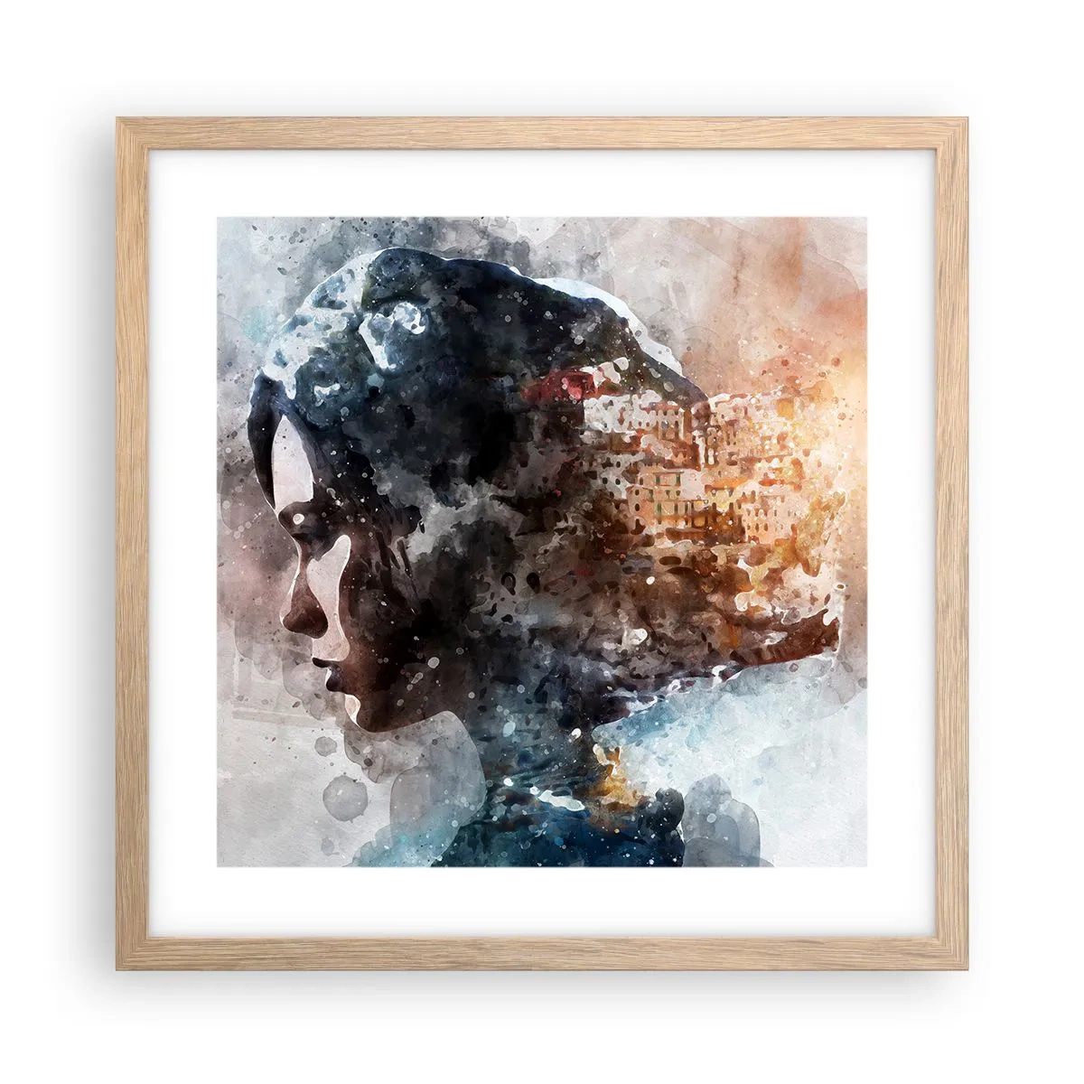 Plakát v rámu světlý dub - Příběh o dívce s městem v pozadí - 40x40 cm