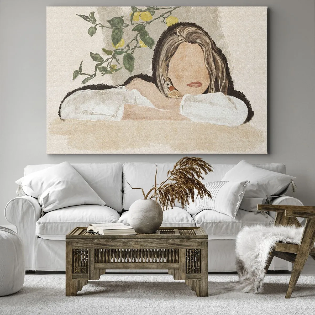 Obraz na plátně - Postava ženy na pozadí citroníku - 70x50cm - Krasavice z jihu - Moderní nástěnná dekorace do obývacího pokoje a ložnice ARTTOR