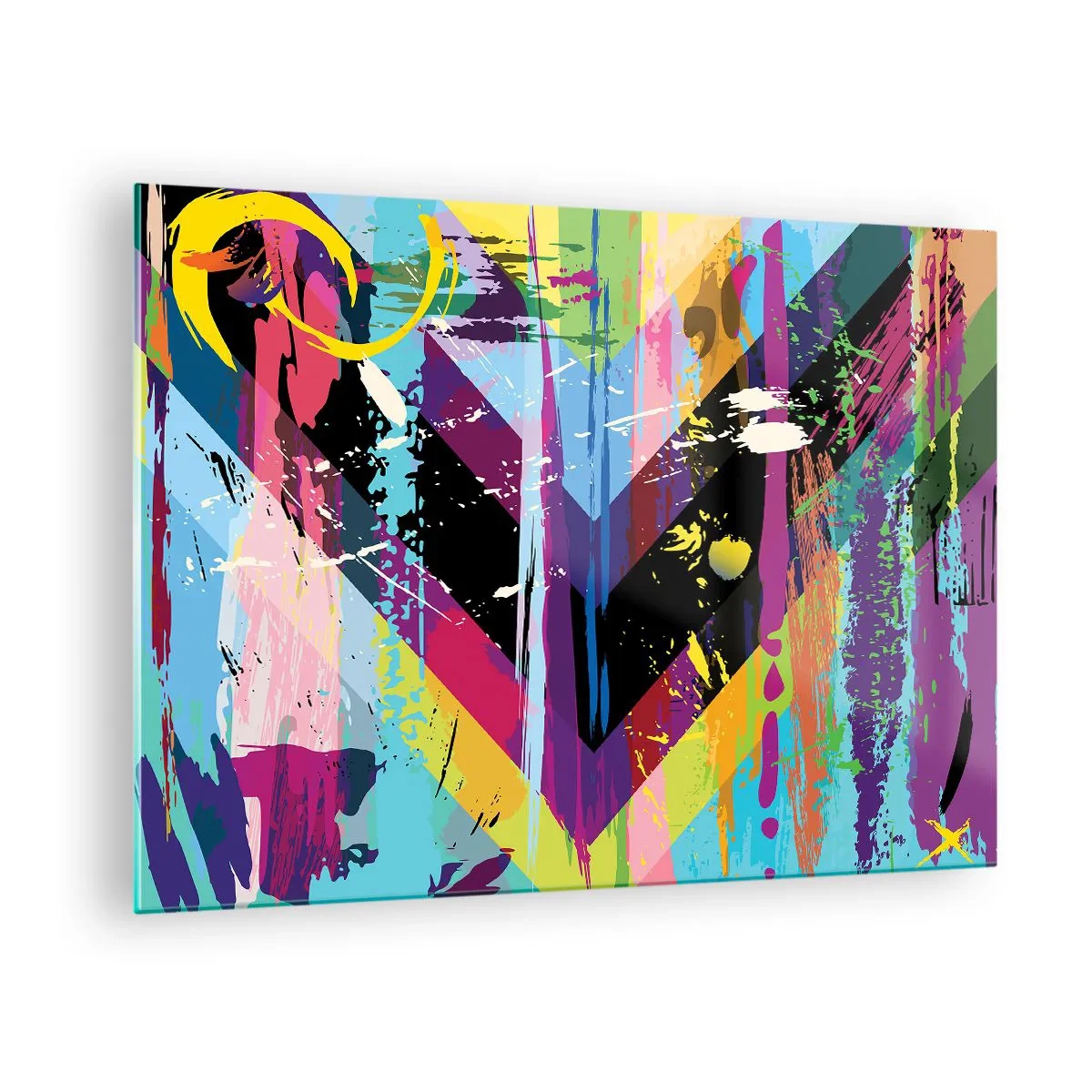 Obraz na skle - Barevná abstrakce s dynamickými tvary a intenzivními barvami - 70x50cm - Shora dolů - Moderní nástěnná dekorace do obývacího pokoje a ložnice ARTTOR