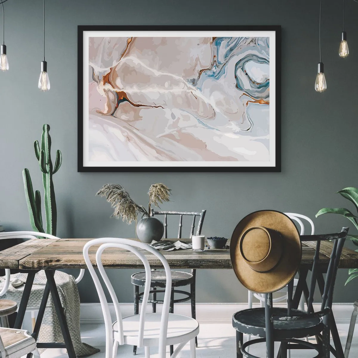 Plakát v černém rámu - Modré meandry pod bílou - 70x50 cm