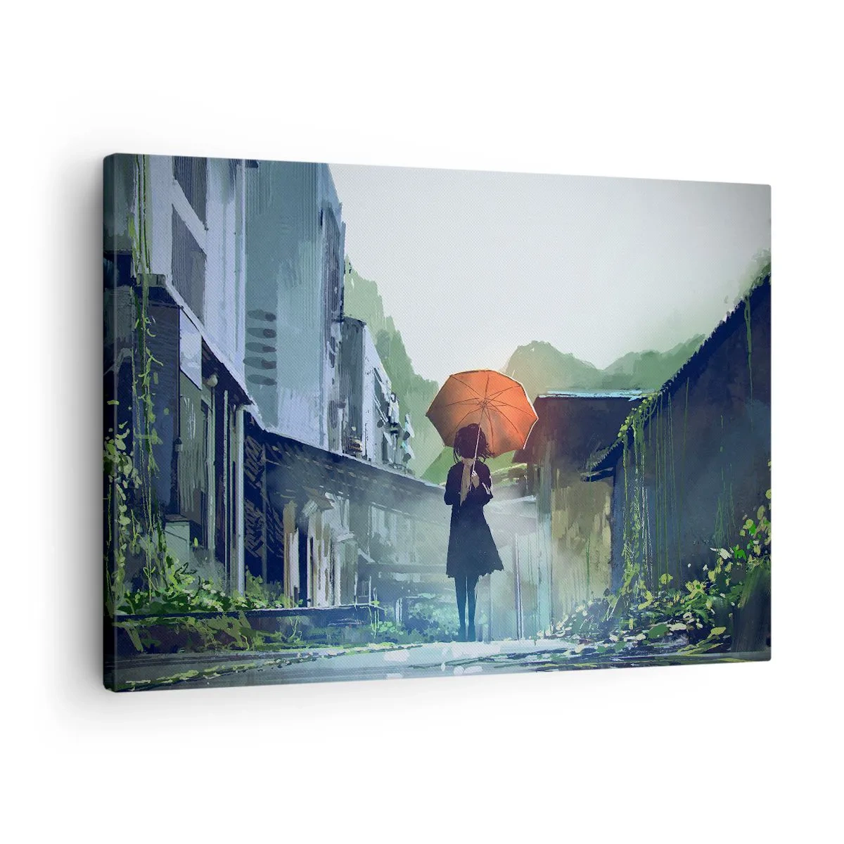 Obraz na plátně - Postava s deštníkem v deštivém městě - 70x50cm - Oživující déšť - Moderní nástěnná dekorace do obývacího pokoje a ložnice ARTTOR