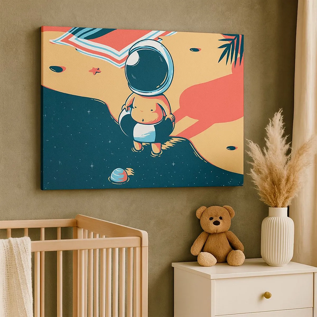 Obraz na plátně - Legrační astronaut na pláži s vesmírnými prvky v pozadí - 70x50cm - Z jiné perspektivy - Moderní nástěnná dekorace do obývacího pokoje a ložnice ARTTOR