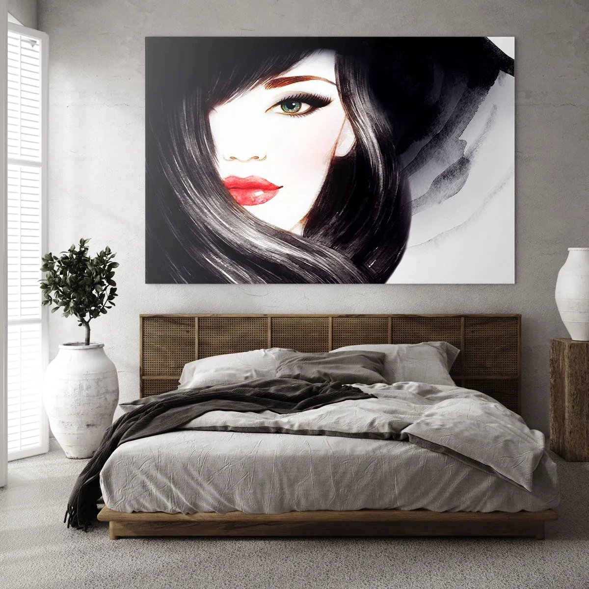Obraz na skle - Portrét ženy s černými vlasy a výraznými rudými rty - 70x50cm - Safírový pohled - Moderní nástěnná dekorace do obývacího pokoje a ložnice ARTTOR