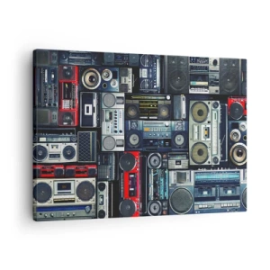 Obraz na plátně - Koláž retro magnetofonů a vintage reproduktorů. - 70x50cm - Stesk po 80. letech - Moderní nástěnná dekorace do obývacího pokoje a ložnice ARTTOR