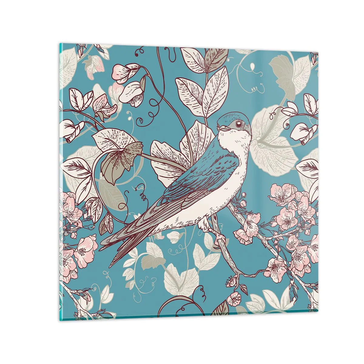 Obraz na skle - Na bílém stromě ptáci a stříbrné listí - 30x30 cm