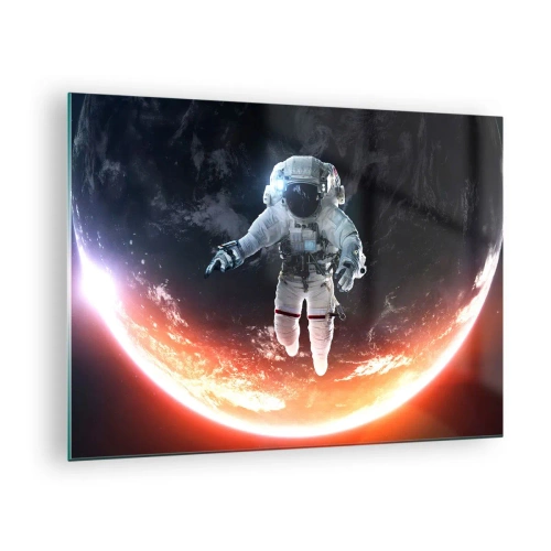 Obraz na skle - Astronaut ve vesmíru s planetou v pozadí - 70x50cm - Mohu zůstat ještě chvilku? - Moderní nástěnná dekorace do obývacího pokoje a ložnice ARTTOR