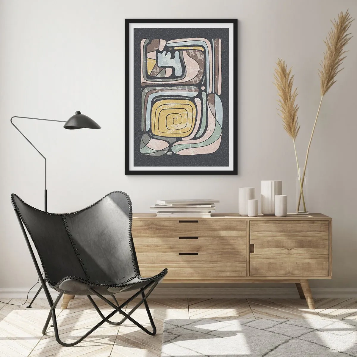 Plakát v černém rámu - Abstraktní umělecká díla s geometrickými vzory v zemitých tónech - 50x70cm - Abstrakce v předkolumbovském duchu - Moderní nástěnná dekorace do obývacího pokoje a ložnice ARTTOR