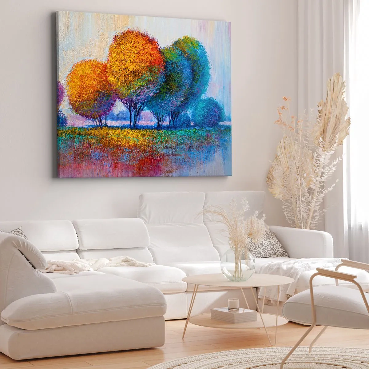 Obraz na plátně - Barevné stromy v impresionistické krajině - 70x50cm - Trs zářivých barev - Moderní nástěnná dekorace do obývacího pokoje a ložnice ARTTOR