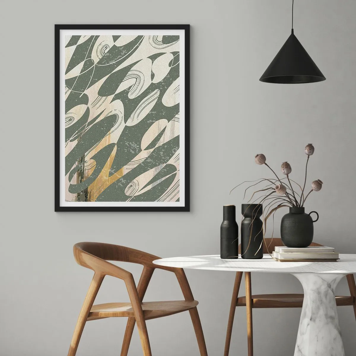 Plakát v černém rámu - Abstraktní kompozice organických tvarů v zelené a béžové barvě. - 50x70cm - Rytmizovaná abstrakce - Moderní nástěnná dekorace do obývacího pokoje a ložnice ARTTOR