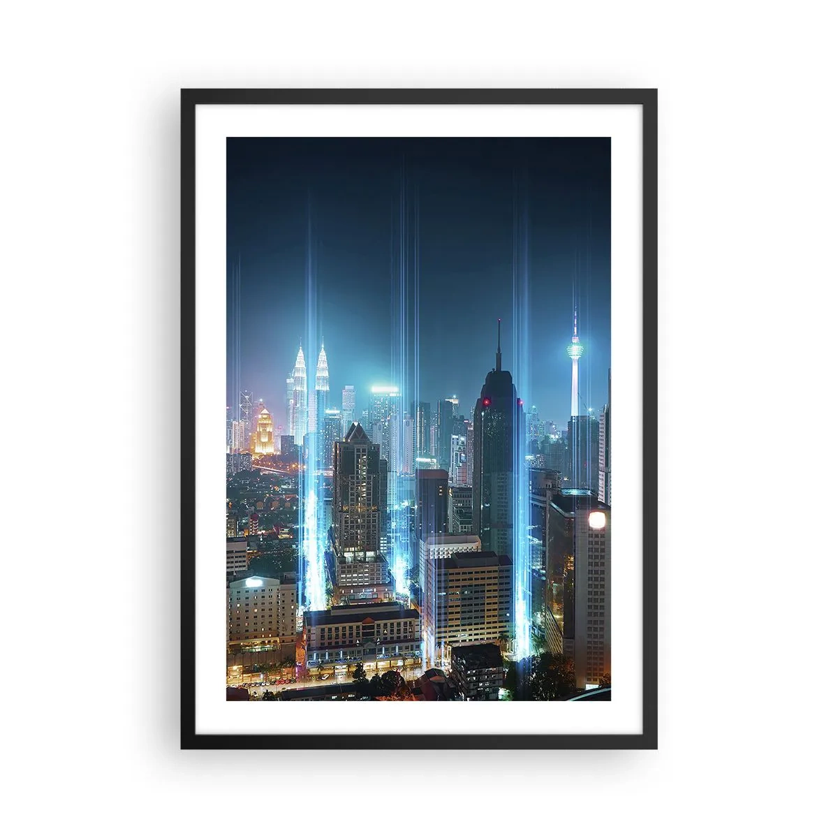 Plakát v černém rámu - Noční krajina centra města s mrakodrapy - 50x70cm - Berlinským způsobem do nebe - Moderní nástěnná dekorace do obývacího pokoje a ložnice ARTTOR