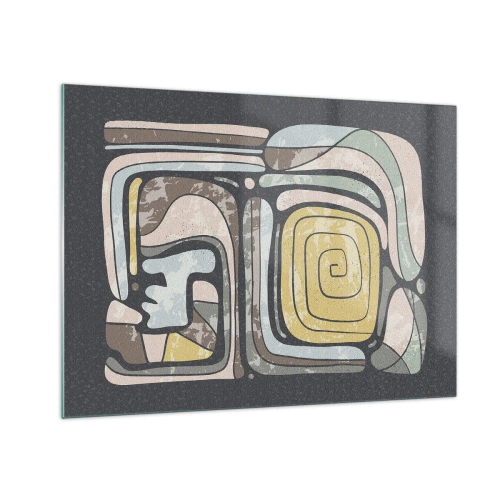 Obraz na skle - Geometrická abstrakce v zemitých tónech na černém pozadí - 70x50cm - Abstrakce v předkolumbovském duchu - Moderní nástěnná dekorace do obývacího pokoje a ložnice ARTTOR