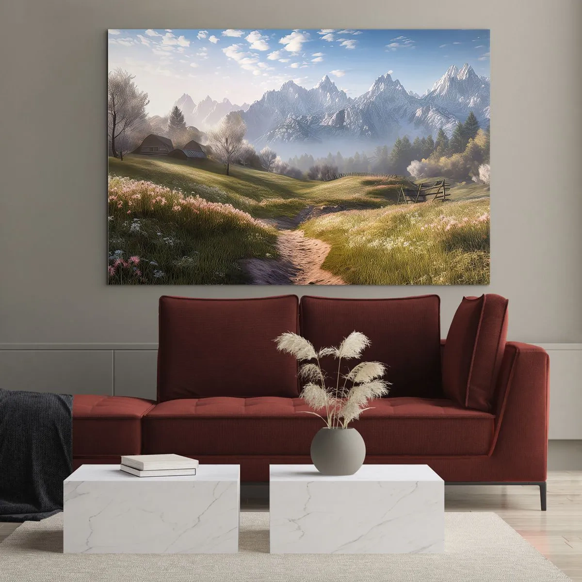 Obraz na skle - Jarní krajina s údolím, květinami a horami v pozadí ráno - 70x50cm - Idylické údolí - Moderní nástěnná dekorace do obývacího pokoje a ložnice ARTTOR