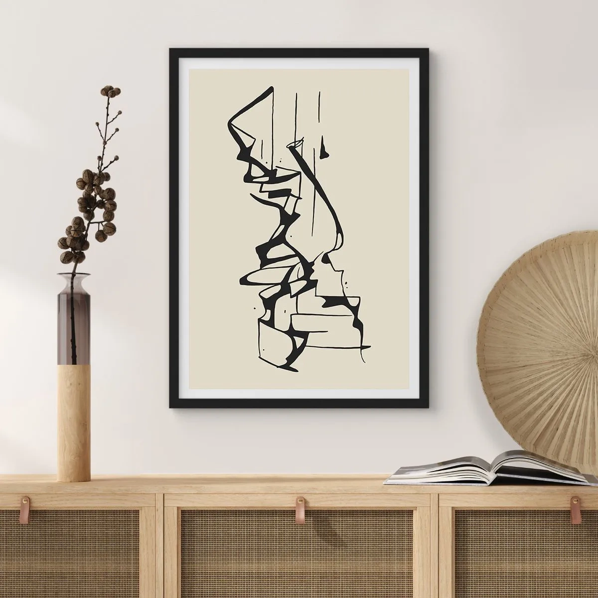 Plakát v černém rámu - Abstraktní černobílá kompozice čar a tvarů - 50x70cm - Možná krajina - Moderní nástěnná dekorace do obývacího pokoje a ložnice ARTTOR