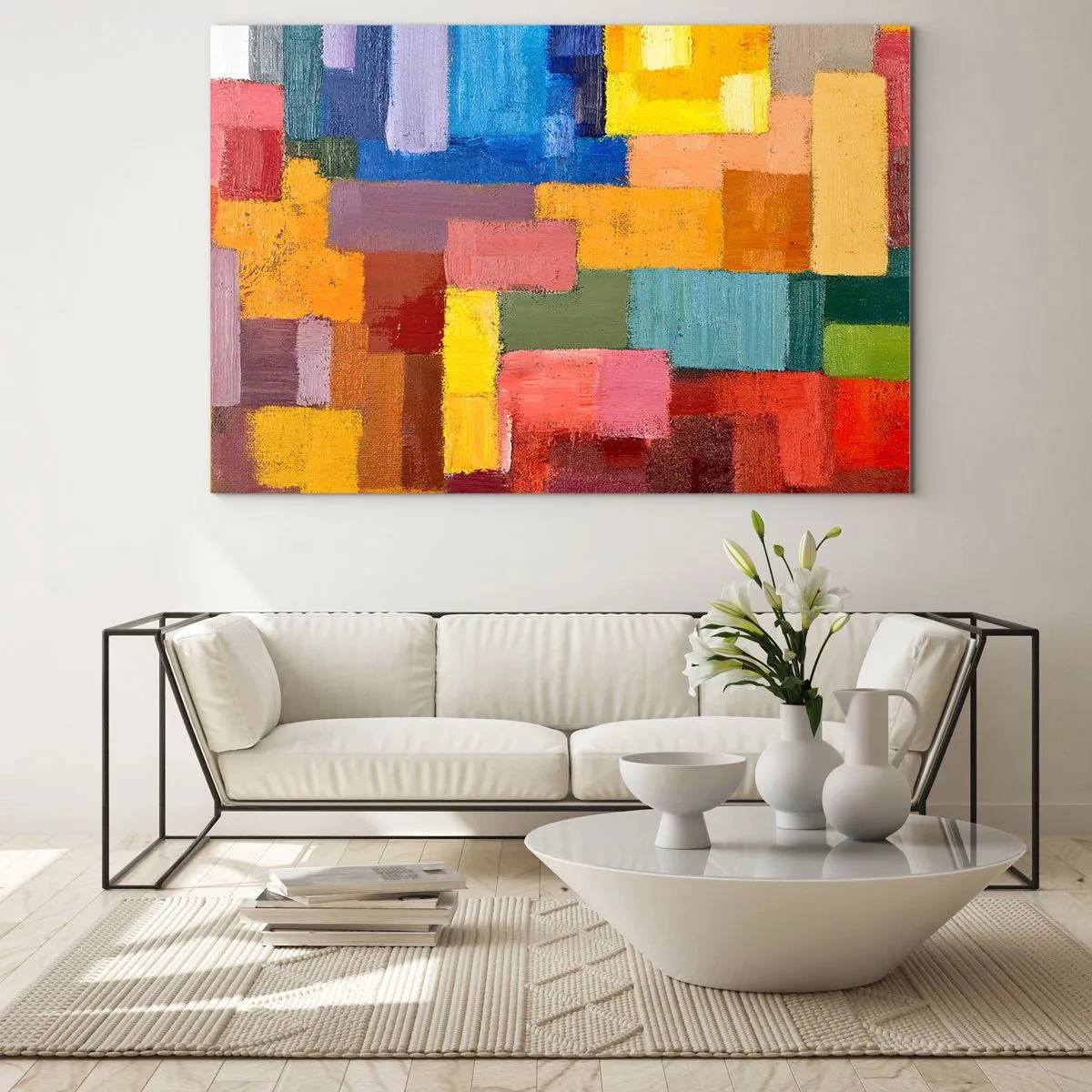 Obraz na skle - Abstraktní kompozice barevných obdélníků - 70x50cm - Každý jiný, všechny barevné - Moderní nástěnná dekorace do obývacího pokoje a ložnice ARTTOR