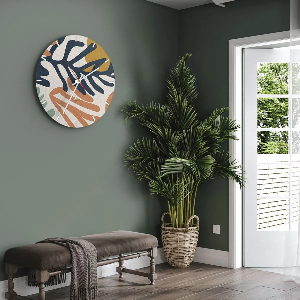 Nástěnné hodiny - Barevné listí v grafickém stylu na světlém pozadí - 30x30cm - Korálová moře - Moderní nástěnná dekorace do obývacího pokoje, kuchyně a ložnice ARTTOR