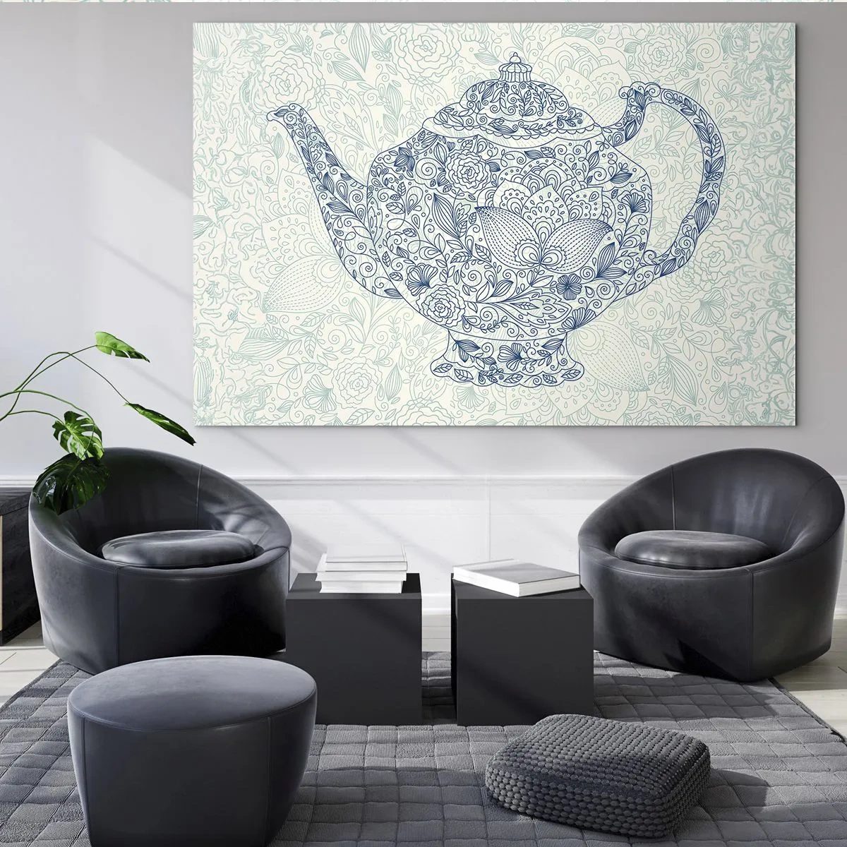 Obraz na skle - Květinová konvice ve vintage stylu - 70x50cm - Čajové kouzlo - Moderní nástěnná dekorace do obývacího pokoje a ložnice ARTTOR