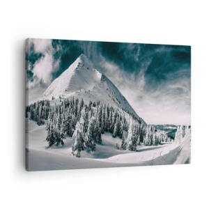 Obraz na plátně - Zasněžený vrchol hory obklopený zimním lesem - 70x50cm - Země sněhu a ledu - Moderní nástěnná dekorace do obývacího pokoje a ložnice ARTTOR