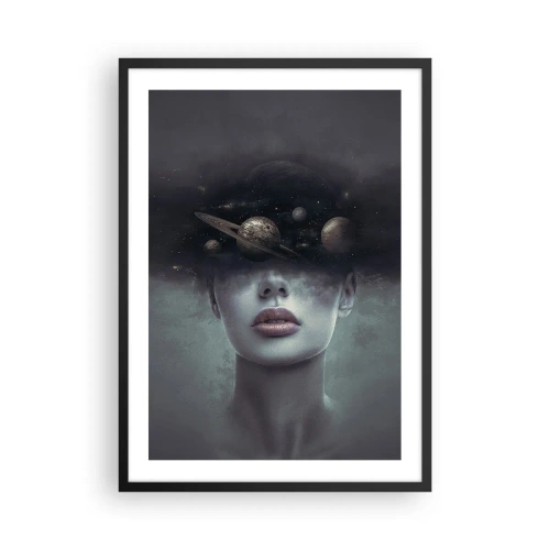 Plakát v černém rámu - Záhadný portrét ženy s planetami ve vesmíru - 50x70cm - A planety… - Moderní nástěnná dekorace do obývacího pokoje a ložnice ARTTOR