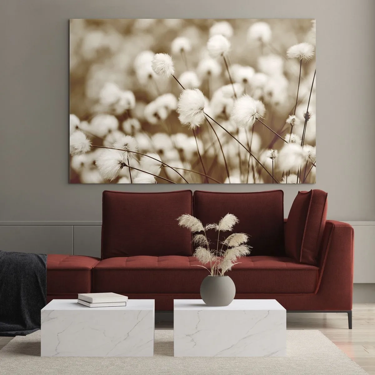 Obraz na skle - Pole nadýchané trávy v odstínech sépie - 70x50cm - Chlupatý lán - Moderní nástěnná dekorace do obývacího pokoje a ložnice ARTTOR