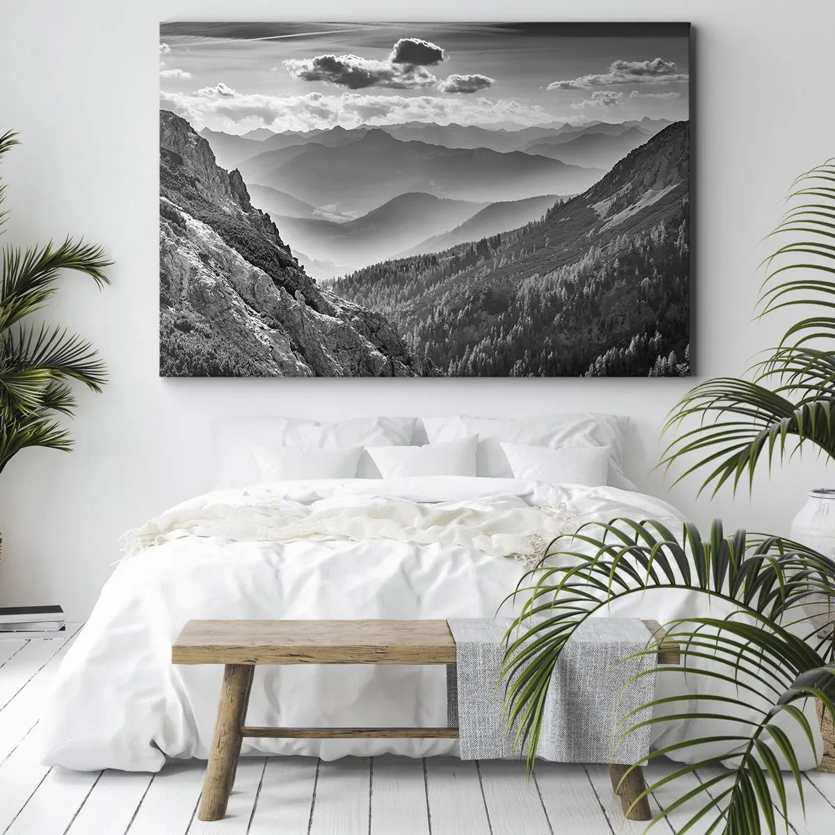 Obraz na plátně - Černobílá horská krajina s mraky nad vrcholky - 70x50cm - Až k obzoru - Moderní nástěnná dekorace do obývacího pokoje a ložnice ARTTOR