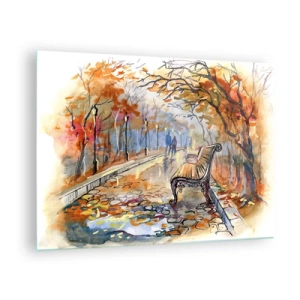 Obraz na skle - Podzimní alej s lavičkou v uměleckém stylu akvarelu - 70x50cm - Společně putovat podzimem - Moderní nástěnná dekorace do obývacího pokoje a ložnice ARTTOR