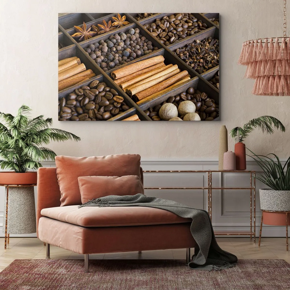 Obraz na plátně - Koření a káva v dřevěných přihrádkách - 70x50cm - Pokladnice vůní - Moderní nástěnná dekorace do obývacího pokoje a ložnice ARTTOR