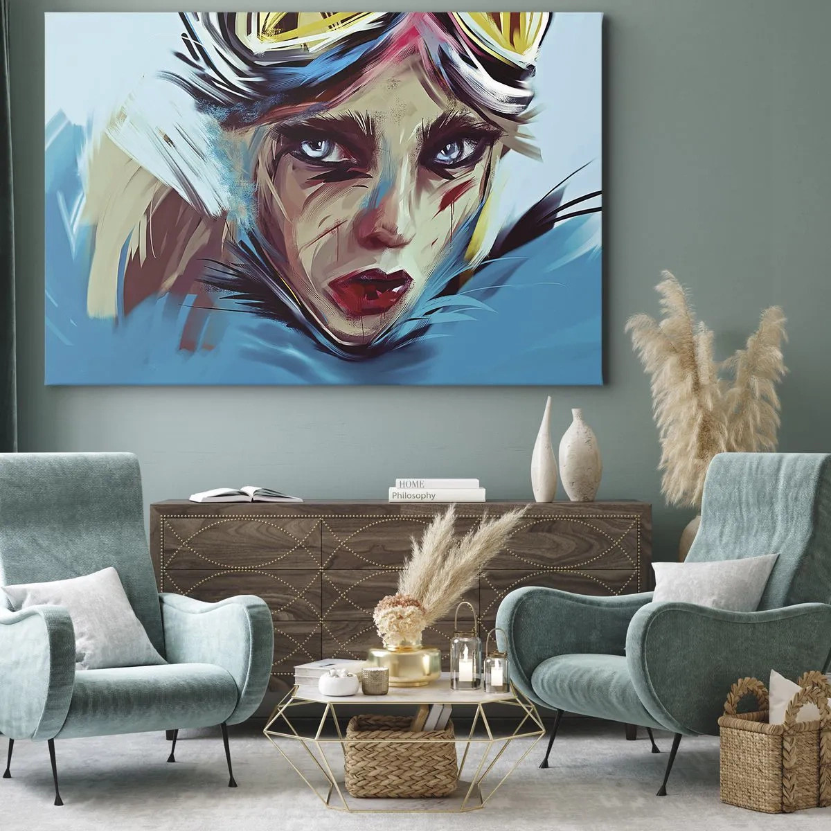 Obraz na plátně - Portrét ženy v dynamických barvách a abstraktním stylu - 70x50cm - Silniční válečnice - Moderní nástěnná dekorace do obývacího pokoje a ložnice ARTTOR