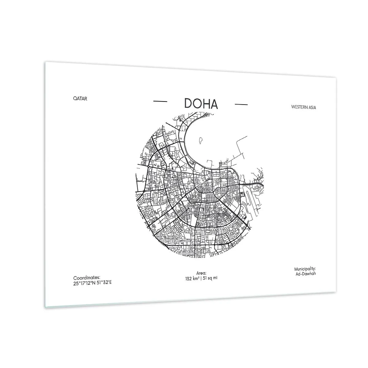 Obraz na skle - Grafická mapa Dauhá v minimalistickém černobílém stylu. - 70x50cm - Anatomie Dauhá - Moderní nástěnná dekorace do obývacího pokoje a ložnice ARTTOR