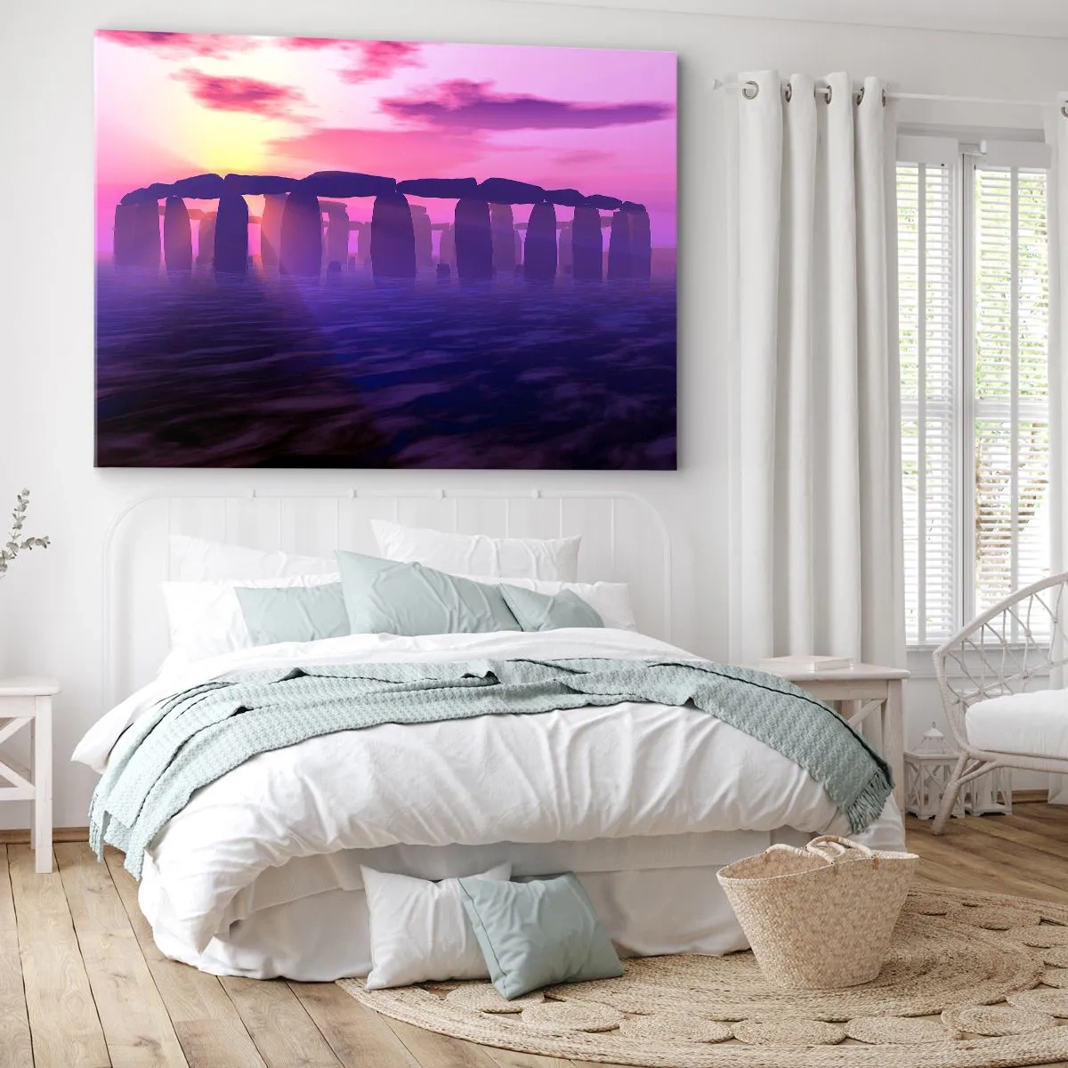 Obraz na plátně - Kamenný kruh při západu slunce s fialovou oblohou - 70x50cm - Tajemství za svítání v mlze - Moderní nástěnná dekorace do obývacího pokoje a ložnice ARTTOR