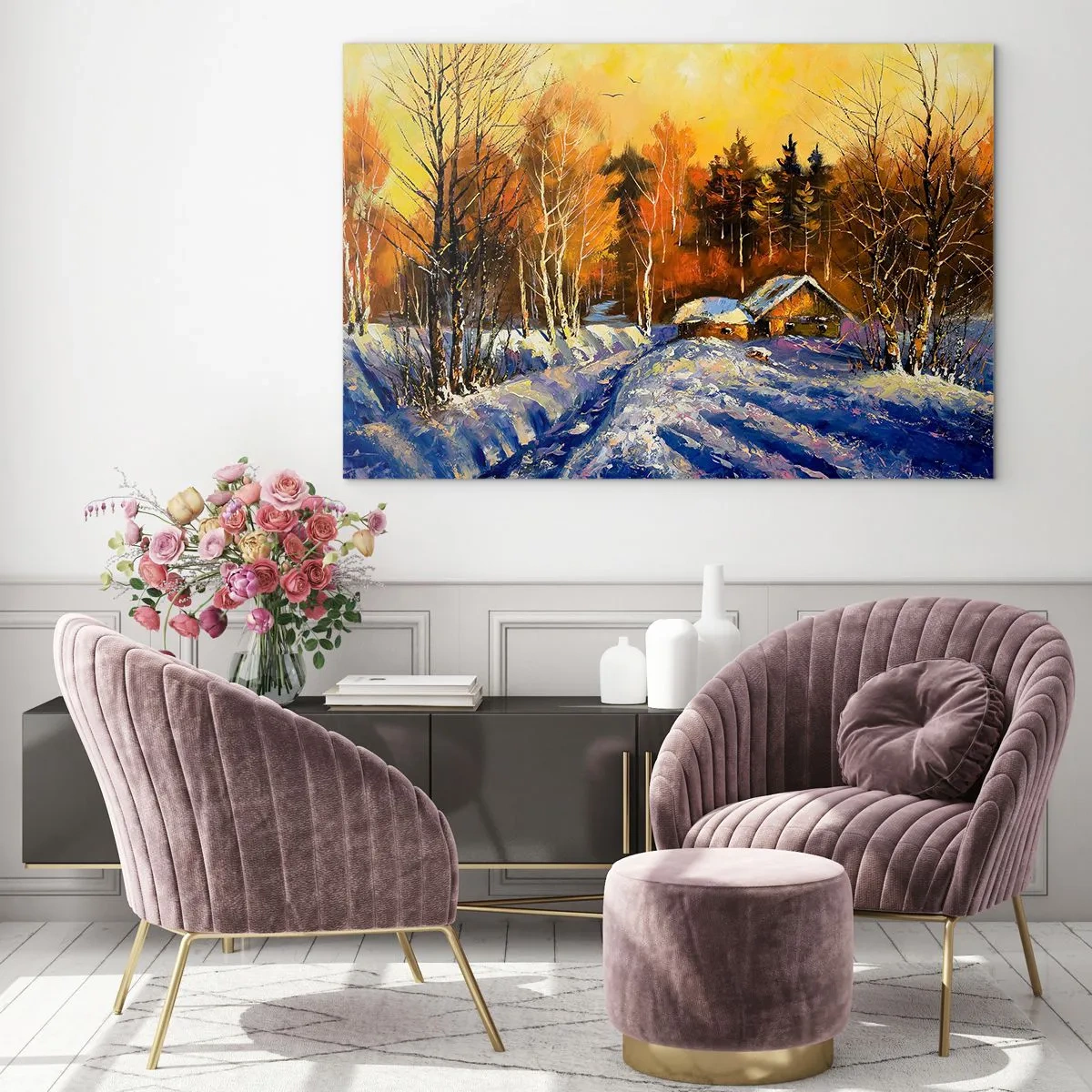 Obraz na skle - Zimní krajina s dřevěnou chatou při západu slunce - 70x50cm - Zimní imprese v slunci - Moderní nástěnná dekorace do obývacího pokoje a ložnice ARTTOR