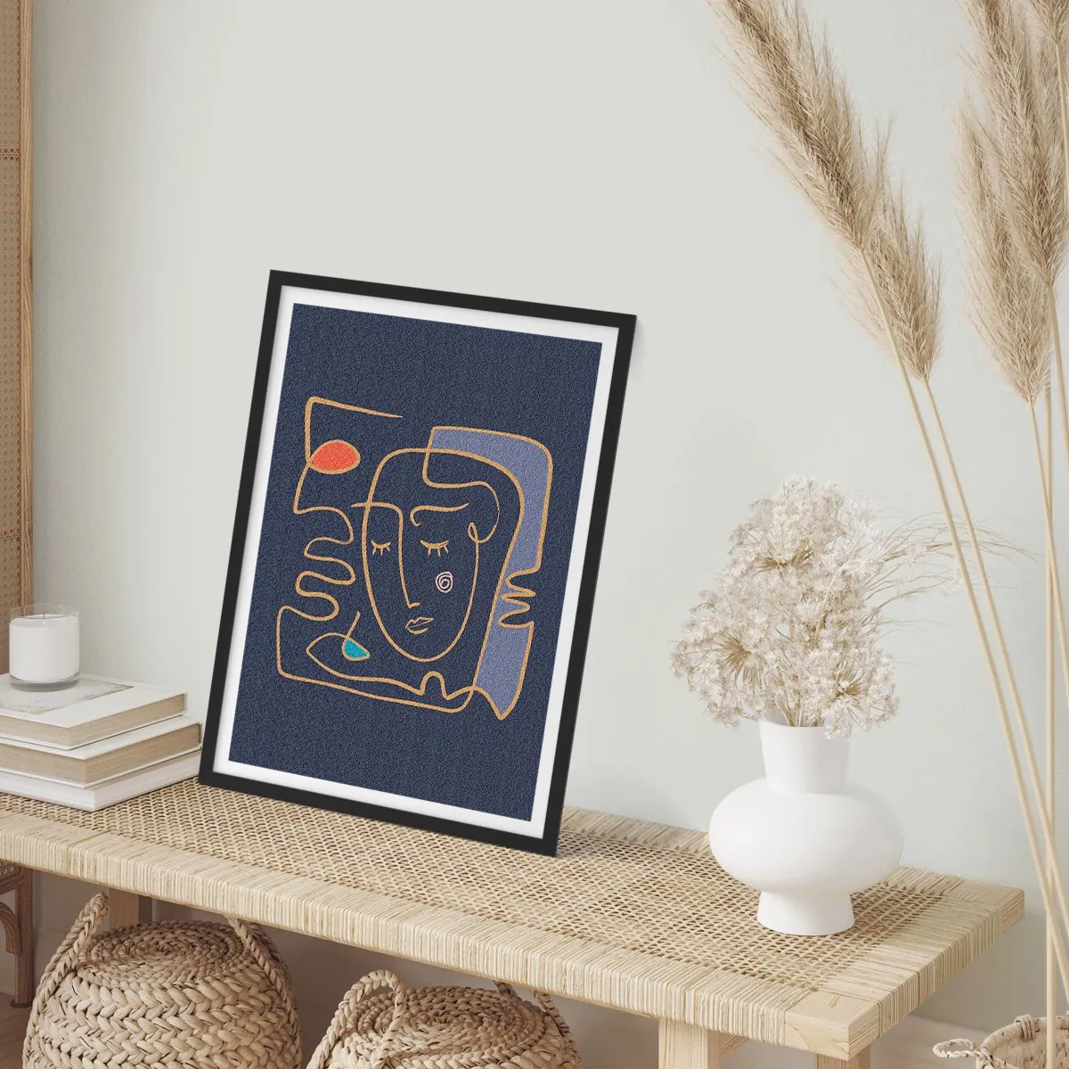 Plakát v černém rámu - Minimalistický abstraktní obličej na tmavě modrém pozadí ve stylu čárové grafiky - 50x70cm - V zádumčivosti - Moderní nástěnná dekorace do obývacího pokoje a ložnice ARTTOR