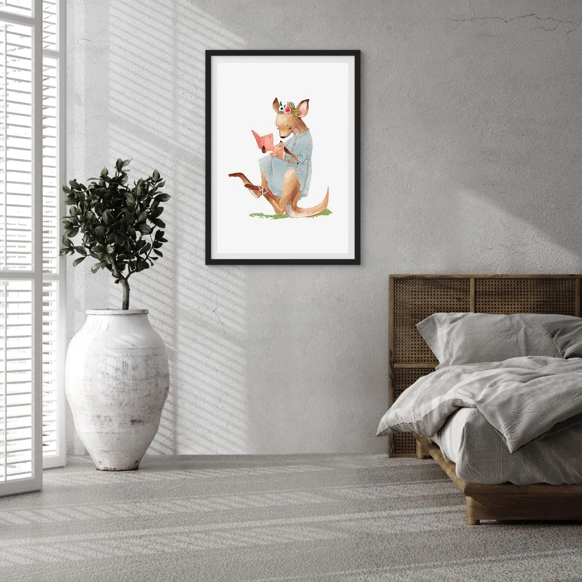 Plakát v černém rámu - Klokan čte knihu s dítětem v uměleckém stylu. - 50x70cm - Přečti mi, mami - Moderní nástěnná dekorace do obývacího pokoje a ložnice ARTTOR