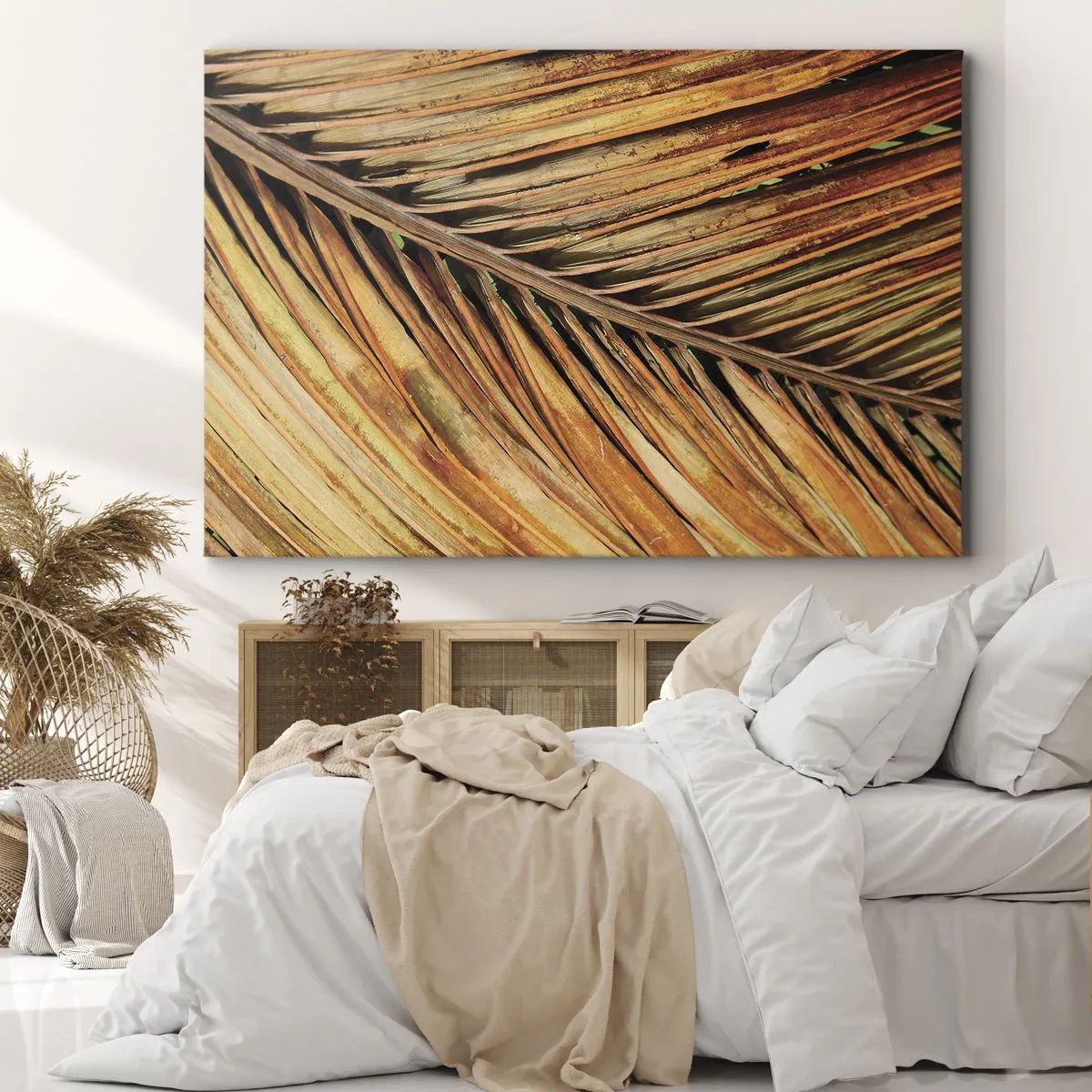 Obraz na plátně - Detail suchého palmového listu v teplých tónech - 70x50cm - Kokosové zlato - Moderní nástěnná dekorace do obývacího pokoje a ložnice ARTTOR