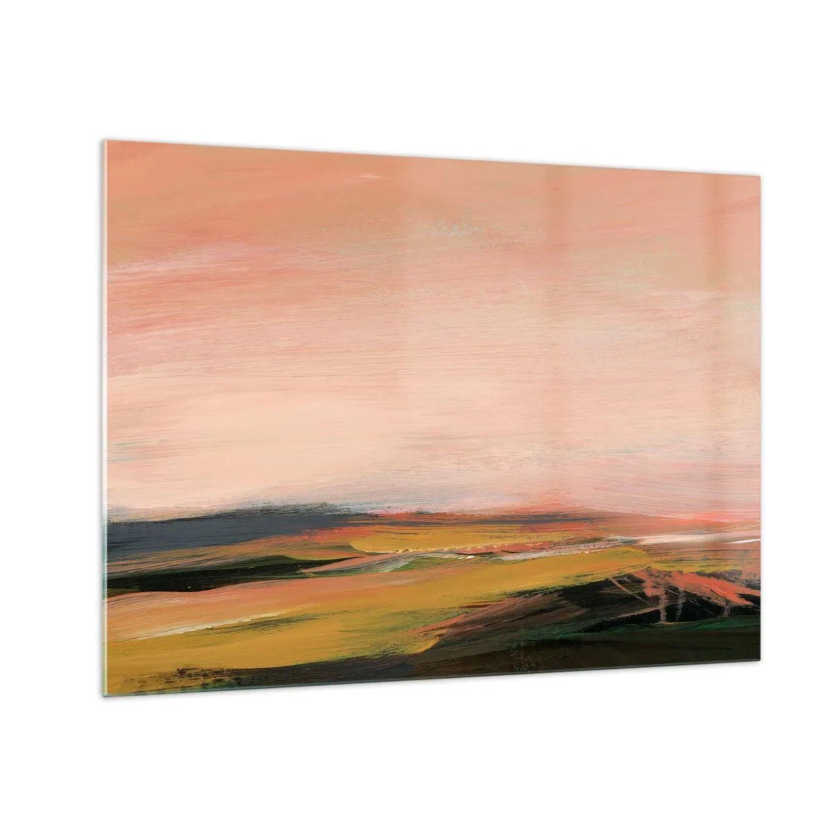 Obraz na skle - Abstraktní krajina v odstínech růžové a světle zelené. - 70x50cm - V růžových tónech - Moderní nástěnná dekorace do obývacího pokoje a ložnice ARTTOR
